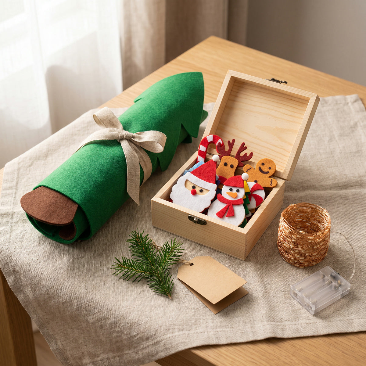 Felt Christmas tree rolled up with its ornaments in a wooden box, ready for next year