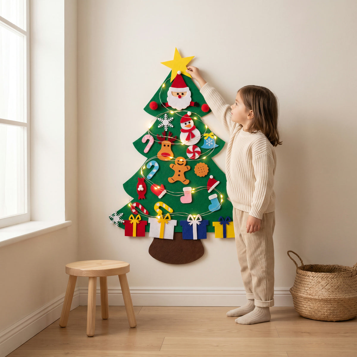 Girl touching the star of the 39 inch felt Christmas tree hanging on a playroom wall