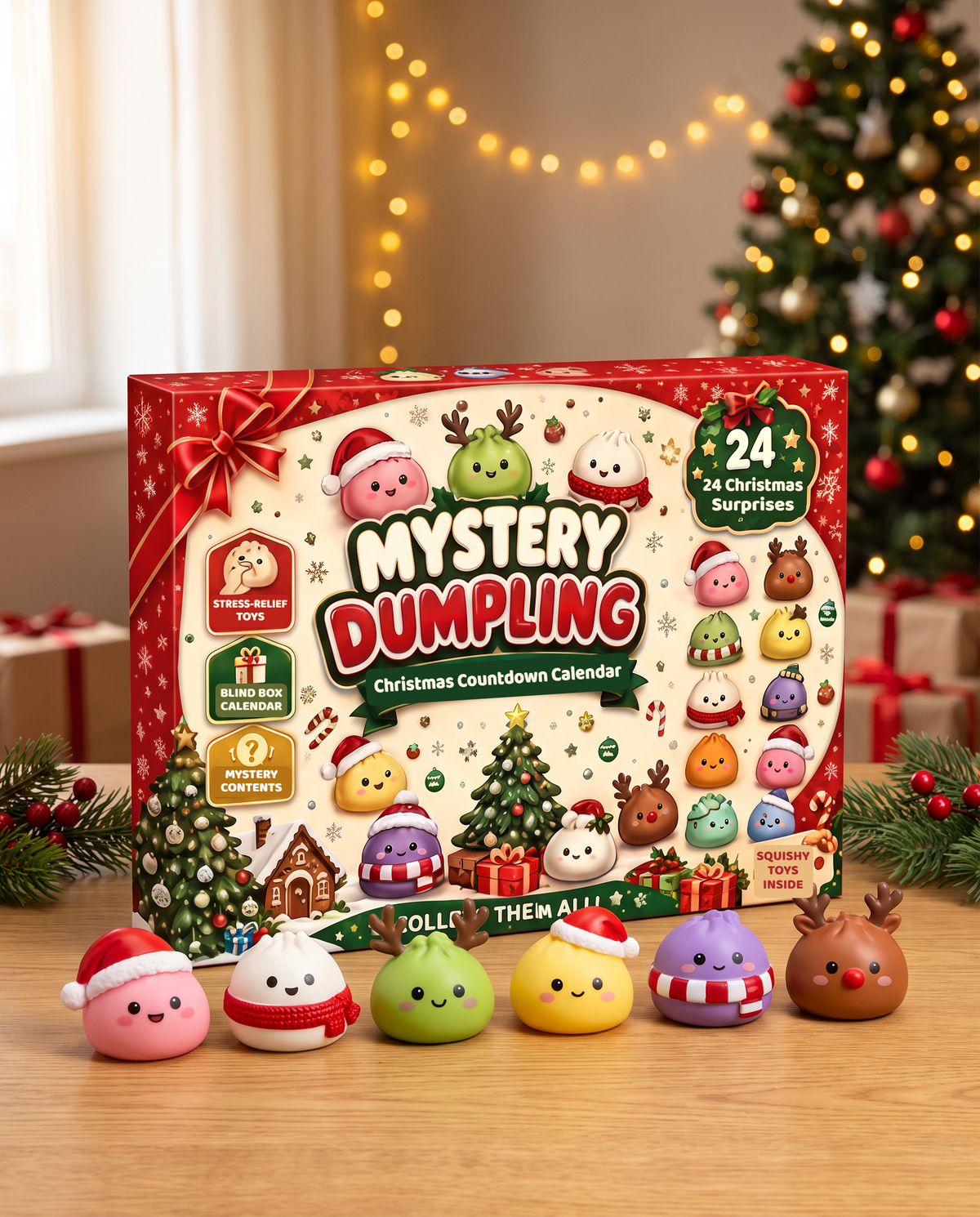 Mystery Dumpling Squishy Advent Calendar box with Christmas squishy dumpling toys